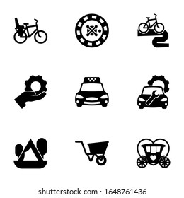 9 iconos llenos de ruedas aislados en fondo blanco. Iconos con asiento Bike Child, ruleta, tour en bicicleta, servicios, servicio de taxi, servicio de reparación de Camiones, camping, iconos de carretilla.