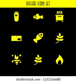 9 wild icons in vector set. fire, fish, sleeping bag and bee hive illustration for web and graphic design