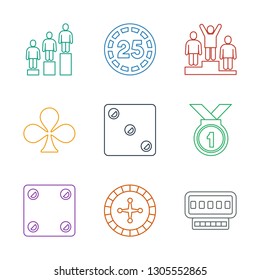 9 win icons. Trendy win icons white background. Included line icons such as Slot machine, Roulette, Dice, medal, Clubs, ranking, casino chip. win icon for web and mobile.
