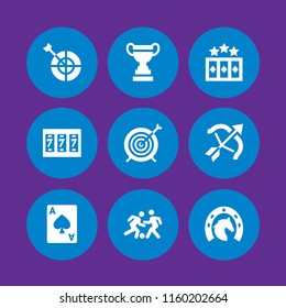 9 win icons in vector set. sports and competition, horse, ace of hearts and trophy illustration for web and graphic design