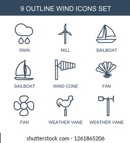 9 wind icons. Trendy wind icons white background. Included outline icons such as rain, mill, sailboat, wind cone, fan, weather vane. wind icon for web and mobile.