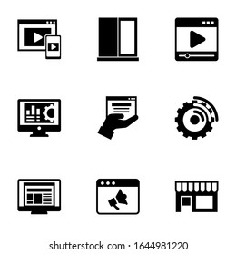 9 iconos rellenos de ventana que se han aislado en fondo blanco. Iconos establecidos con Adaptive Streaming, reproductor de medios, software de contabilidad, servicios web, software de transmisión, diseño, iconos del sitio web de Promo.