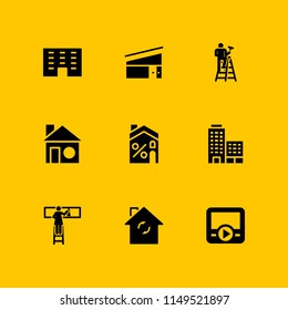 9 window icon set with building, movie player and house vector illustration for graphic design and web