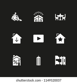 9 window icon set with house, building striped modern tower and video player vector illustration for graphic design and web
