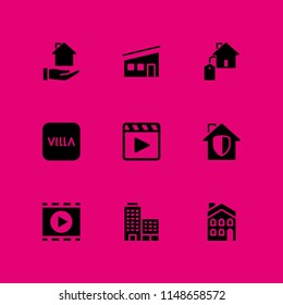 9 window icon set with movie player, house and building vector illustration for graphic design and web