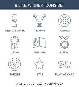 9 winner icons. Trendy winner icons white background. Included line icons such as medical mask, trophy, award, medal, diploma, target, star, playing card. winner icon for web and mobile.