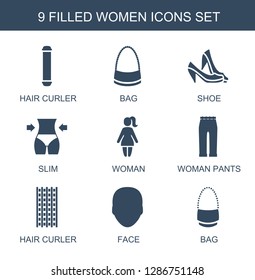 9 women icons. Trendy women icons white background. Included filled icons such as hair curler, bag, shoe, slim, woman, woman pants, face. women icon for web and mobile.