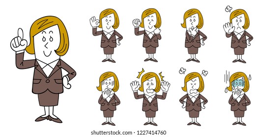 9 women wearing suits Set of poses and facial expressions with outline