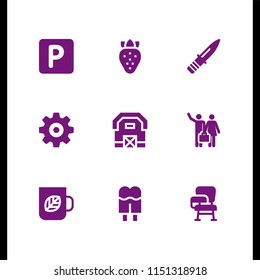 9 wood icons in vector set. chair, knife, holidays and nut icon illustration for web and graphic design