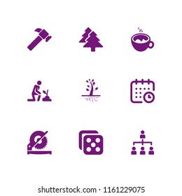 9 wood icons in vector set. calendar, tea, dice and saw illustration for web and graphic design