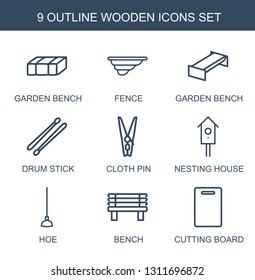 9 wooden icons. Trendy wooden icons white background. Included outline icons such as garden bench, fence, drum stick, cloth pin, nesting house. wooden icon for web and mobile.