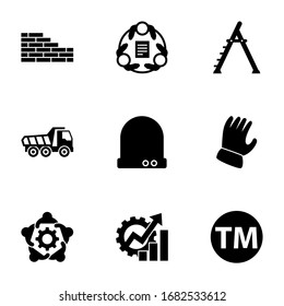 9 work filled icons set isolated on white background. Icons set with brickwork, teamwork, stepladder, Tipper, Future technology, Garden gloves, Productivity, Trademark icons.