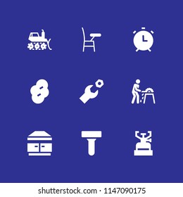 9 work icon set with prune, alarm and bulldozer vector illustration for graphic design and web