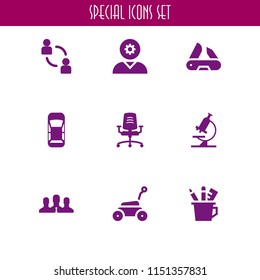 9 work icons in vector set. collaboration, furniture, team and business and finance illustration for web and graphic design