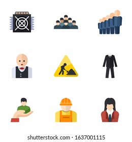9 worker flat icons set isolated on white background. Icons set with ASIC Miner, employee, staff, Croupier, construction works, suit, client, builder, businesswoman icons.