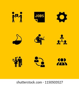 9 worker icons in vector set. interview, work, delivery worker giving a box to a receiver and hospital illustration for web and graphic design