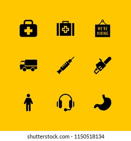 9 worker icons in vector set. chainsaw, doctor, masculine user and headset illustration for web and graphic design