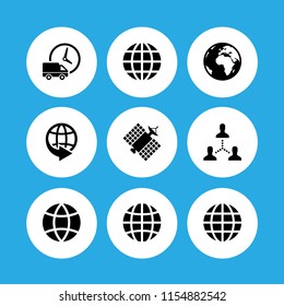 9 worldwide icons in vector set. globe, logistics delivery truck and clock, satellite and world illustration for web and graphic design