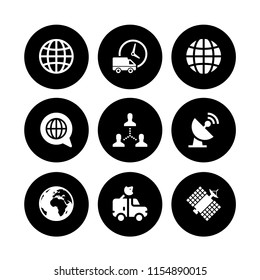 9 worldwide icons in vector set. satellite, logistics delivery truck and clock, networking and globe illustration for web and graphic design