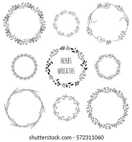 9 wreaths made in vector. Unique hand drawn decoration for greeting card, wedding invitation, save the date. Isolated floral design with space for your text.
