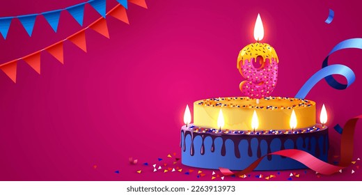 9 year anniversary. Cake with burning candles and confetti. Birthday banner. Vector illustration