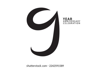 9 year anniversary celebration black color logotype vector, 9 number design, 9th Birthday invitation, logo number design vector illustration, graphic element, calligraphy font, typography logo