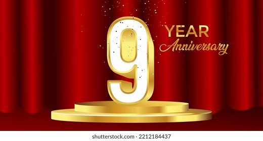 9 year anniversary celebration. Elegant gold birthday and logo isolated on red and black curtain background, vector design for celebrations, invitations and greeting cards