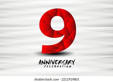 9 Year Anniversary Celebration Logo red polygon vector, 9 Number Design, 9th Birthday Logo, Logotype Number, Vector Anniversary For Celebration, Invitation Card, And Greeting Card 