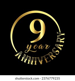 9 year anniversary celebration Anniversary logo with golden color vector illustration.