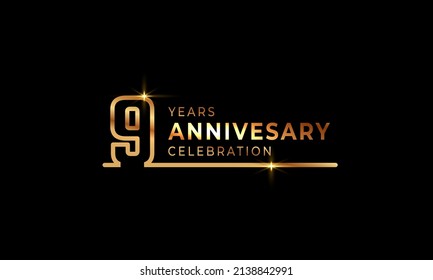 9 Year Anniversary Celebration Logotype with Golden Colored Font Numbers Made of One Connected Line for Celebration Event, Wedding, Greeting card, and Invitation Isolated on Dark Background