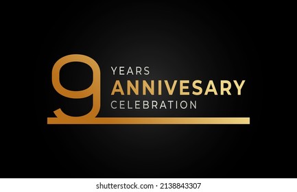 9 Year Anniversary Celebration Logotype with Single Line Golden and Silver Color for Celebration Event, Wedding, Greeting card, and Invitation Isolated on Black Background