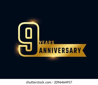 9 Year Anniversary Celebration with Shiny Outline Number Golden Color for Celebration Event, Wedding, Greeting card, and Invitation Isolated on Dark Background