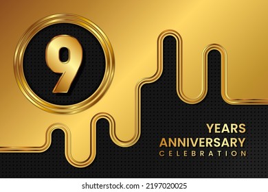9 Year Anniversary celebration template design. Golden Anniversary, vector illustration.