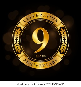 9 Year Anniversary celebration template design, with shiny ring and gold ribbon, laurel wreath isolated on black background, logo vector