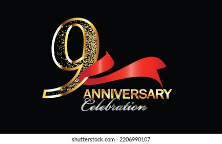 9 Year Anniversary celebration Vector Design with red ribbon and glitter. 9th Anniversary celebration. Gold Luxury Banner of 9th Anniversary celebration. ninth celebration. Vector anniversary
