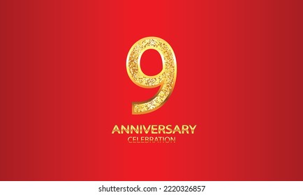 9 Year Anniversary celebration Vector Design with red background and glitter. 9th Anniversary celebration. Gold Luxury Banner of 9th Anniversary. vector illustration