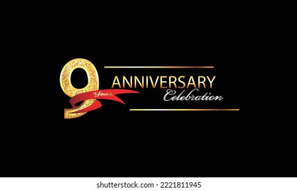 9 Year Anniversary celebration Vector Design. 9th Anniversary celebration. Gold Luxury Banner of 9th Anniversary celebration with red ribbon and glitter. Background celebration. Vector anniversary