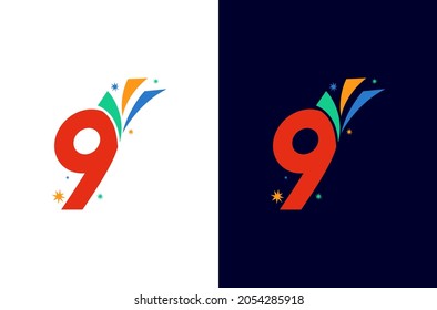 9 year anniversary firework logo design. Number celebration with colorful spark. Simple icon for carnival or festival