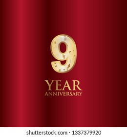9 Year Anniversary Gold With Red Background Vector Template Design Illustration