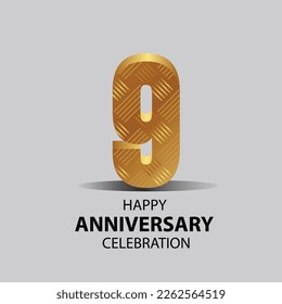 9 year anniversary, Gold shiny metallic numbers set, gold font sign isolated on gray background. Luxury fashion typography design for decoration, web, design, advertising. Vector illustration