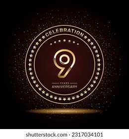 Diseño de logotipo de 9 años con números de doble línea en color oro, plantilla vectorial