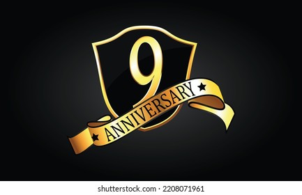 9 year anniversary logo with golden shield and ribbon. Dark concept anniversary. 9th Anniversary celebration background. ninth anniversary banner vector
