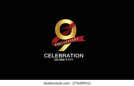 9 year anniversary red ribbon celebration logotype. anniversary logo with Red text and Spark light gold color isolated on black background, design for celebration, invitation - vector