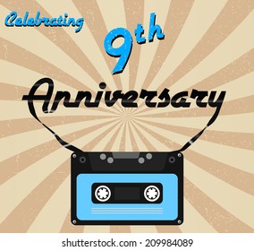 9 year anniversary retro label, 9th anniversary decorative retro poster - vector illustration