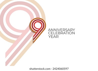 9 años de aniversario con estilo retro en 3 colores, rojo, rosa y marrón en fondo blanco para tarjeta de invitación, afiche, internet, diseño, afiche, tarjetas de felicitación, evento - vector