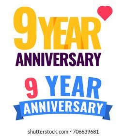 9 year anniversary. Set of vector badges illustrations on white background.