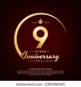 9 year anniversary template design with golden number and ring for birthday celebration event, invitation, banner poster, flyer, and greeting card, vector template