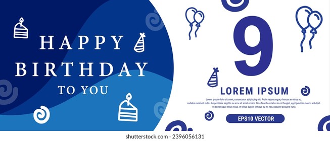 9 year celebration Creative Happy Birthday Text. Blue color decorative banner design, Vector illustration.