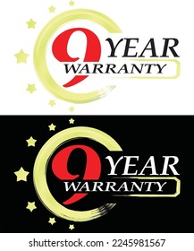 9 Year global warranty vector art illustration with yellow, black and red color with fantastic font and white background