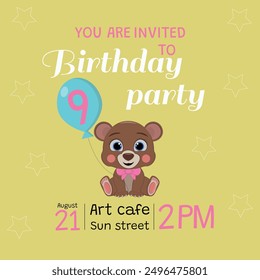 Invitación de cumpleaños de 9 años con osito de peluche